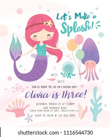 Kids Birthday Party Invitation Card With Cute Little Mermaid And Marine Life