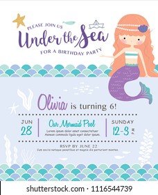 Kids birthday party invitation card with cute little mermaid and marine life