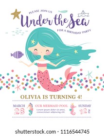 Kids Birthday Party Invitation Card With Cute Little Mermaid And Marine Life