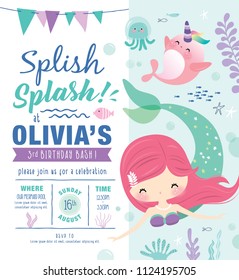 Kids birthday party invitation card with cute little mermaid and marine life