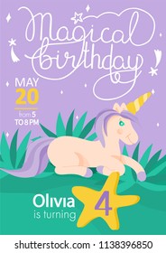 Kids birthday party invitation card with cute cartoon unicorn and big star