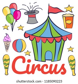 Kids birthday party invitation card with circus theme, vector illustration
