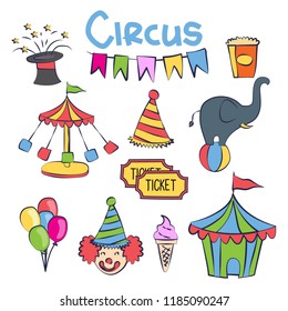 Kids birthday party invitation card with circus theme, vector illustration