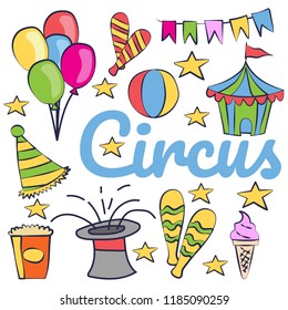 Kids birthday party invitation card with circus theme, vector illustration