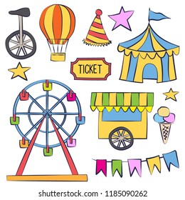 Kids birthday party invitation card with circus theme, vector illustration