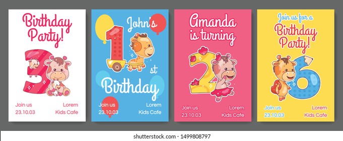 Kids Birthday Party Invitation Card Vector Templates Set. Child Anniversary Poster Design With Cartoon Giraffe. Colorful Baby Event Banner Print Layout. Cute Bday Celebration Flyer With Kawaii Animals
