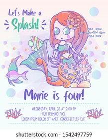 Kids birthday party invitation card with cute little mermaid and marine life cartoon