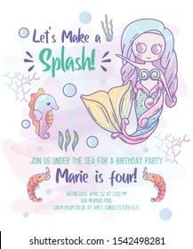 Kids birthday party invitation card with cute little mermaid and marine life cartoon