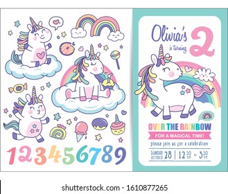 Kids birthday party invitation card template with cute little unicorns, rainbows, magical elements and birthday anniversary numbers