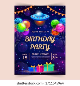 Kids birthday party invitation card with cute little planets and ufo. Space, universe and sky background. Vector illustration.