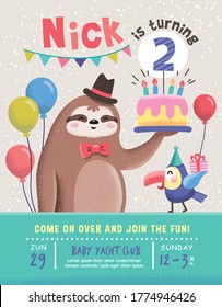 Kids birthday party invitation card with a cute sloth and a bird	