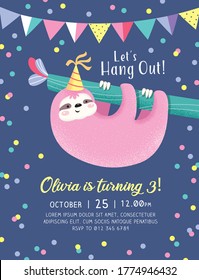 Kids Birthday Party Invitation Card With Cute Sloth Hanging On The Tree