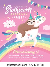 Kids Birthday Party Invitation Card With Cute Sloth And Unicorn