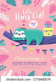 Kids Birthday Party Invitation Card With A Cute Sloth On The Tree