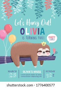 Kids Birthday Party Invitation Card With A Cute Sloth On The Tree
