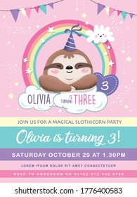 Kids Birthday Party Invitation Card With Cute Baby Sloth