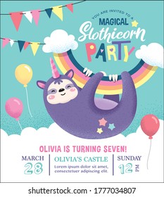 Kids Birthday Party Invitation Card With A Cute Sloth Hanging On A Rainbow	