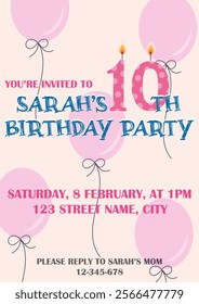 Kids birthday party invitation card. You're invited to birthday party colorful poster. 10th birthday vector template.