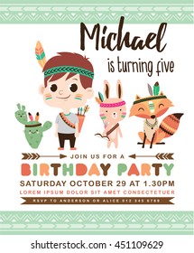 Kids birthday party invitation card with a cute little boy and friends