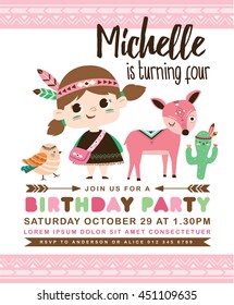 Kids birthday party invitation card with a cute little girl and friends