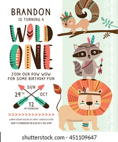 Kids Birthday Party Invitation Card With Cartoon Tribal Animals