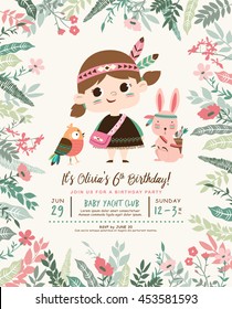 Kids Birthday Party Invitation Card With A Cute Little Girl And Friends
