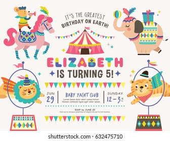 Kids birthday party invitation card with circus theme