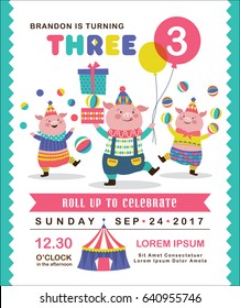 Kids birthday party invitation card with three cute little pigs