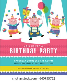 Kids birthday party invitation card with three cute little pigs