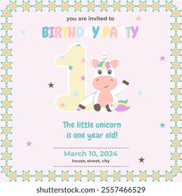 Kids Birthday Party Invitation Cute Unicorn One Year