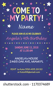 Kids Birthday Party Invitation Design Template. Come to my Birthday Party. Cute Cartoon Design with stars background. Vector illustration EPS10.