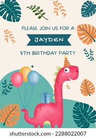 Kids Birthday Party Invitation: Dinosaur with Balloons and Gifts!