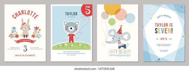 Kids birthday party invitations. Vector illustration.