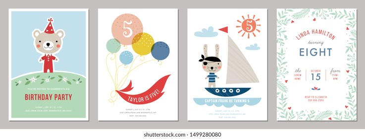 Kids birthday party invitations. Vector illustration.