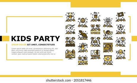 Kids Birthday Party Landing Web Page Header Banner Template Vector. Magic And Disco Kids Birthday Party, Outdoor Soccer Sport And Virtual Escape Room, Pool And Beach Illustration