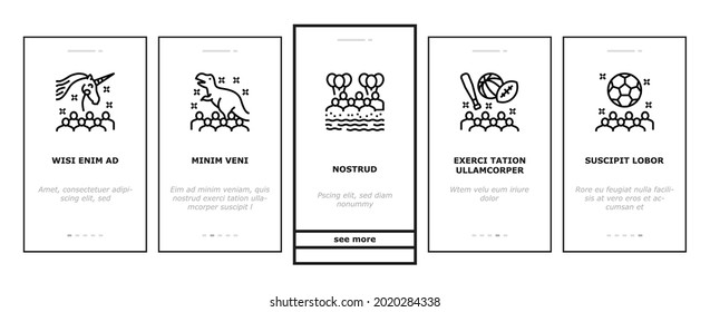 Kids Birthday Party Onboarding Mobile App Page Screen Vector. Magic And Disco Kids Birthday Party, Outdoor Soccer Sport And Virtual Escape Room, Pool And Beach Illustrations