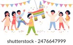 Kids birthday party with pinata. Paper animal shape container with confetti, blindfolded smashing, traditional mexican decor, happy boys and girls, fiesta carnival celebrating, vector concept