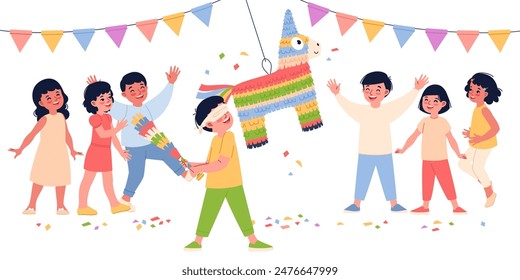 Kids birthday party with pinata. Paper animal shape container with confetti, blindfolded smashing, traditional mexican decor, happy boys and girls, fiesta carnival celebrating, vector concept