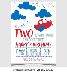 Kids birthday party poster or banner with cute plane in the sky among puffy clouds. Invitation leaflet or flyer to celebrate children's anniversary in cheerful ambiance with baby boys and girls.