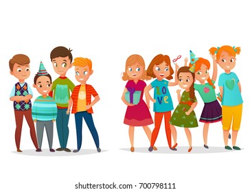 Kids birthday party retro cartoon set of girls and boys groups in cone hats isolated vector illustration 