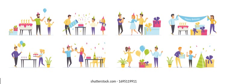 Kids birthday party set with people characters in various scenes creator kit and situation. Happy friends celebrating birthday with cake. Bundle of family holiday in flat style. Surprise party.