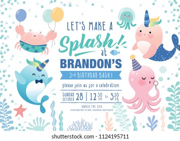 Kids birthday party under the sea theme invitation card with cute marine life cartoon character