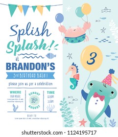 Kids Birthday Party Under The Sea Theme Invitation Card With Cute Marine Life Cartoon Character