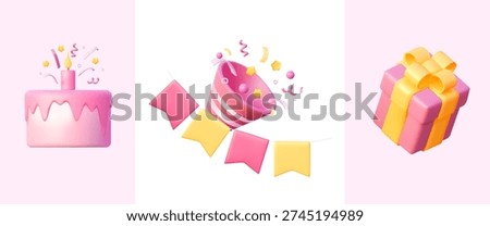 Kids birthday party vector set with cake party popper and gift box in pastel 3D style for celebration design