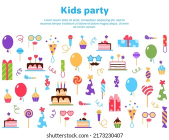 Kids Birthday Party Web Page Template With Text Space On White Background. Festive Party Elements Present Balloons Cupcakes Fire Cracker Gift Box Cake Hat Lollipop Candy Dessert Vector Illustration.