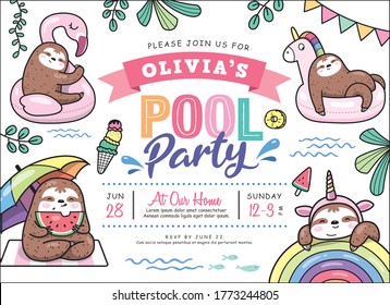 Kids Birthday/ Pool Party Invitation Cards With Cute Sloths Cartoon Character