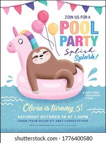 Kids Birthday/ Pool Party Invitation Cards With A Cute Sloth Relaxing On A Unicorn Floats