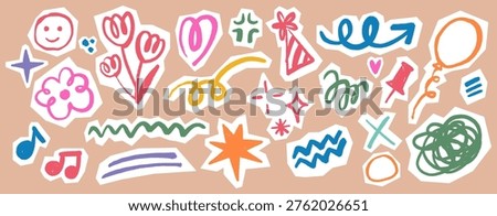 Kids Birthday Scribble Doodle Set. Scrapbook hand drawn party elements in childish crayon style. Cute stickers with balloons, flowers, stars, hearts, party hats, confetti, sparkles with cutout edges.