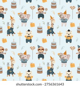 Kids Birthday Seamless Pattern with Festive Animals, Cake, Gifts and Balloons. Birthday Boy Background. Vector Repeat Design.
