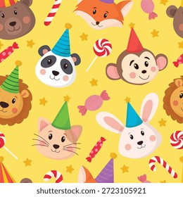 Kids birthday vibrant pattern featuring animal faces with head cones sweets and festive party elements for children celebrations